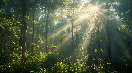 AI-generated illustration of sunlight filtering through tall trees in a forest - obrazy, fototapety, plakaty