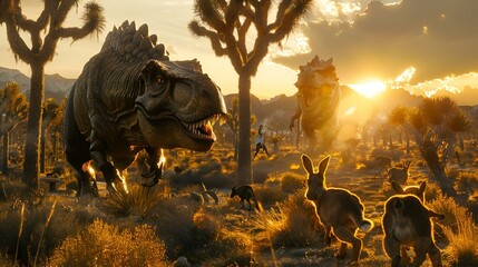 AI generated illustration of A massive dinosaur roaming a desert landscape - obrazy, fototapety, plakaty