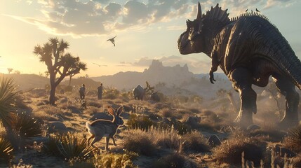 a large dinosaur is moving through a desert in this scene - obrazy, fototapety, plakaty