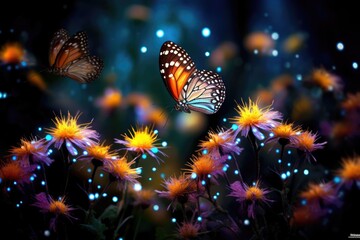 Butterflies fluttering around flowers with twinkling lights.