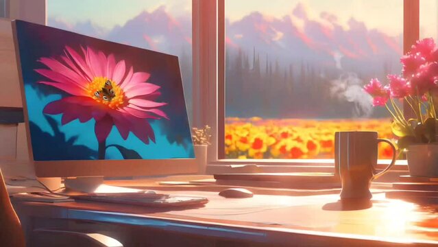Room with computer and hot coffee, mountains view from the windows. Seamless looping time-lapse 4k video animation background