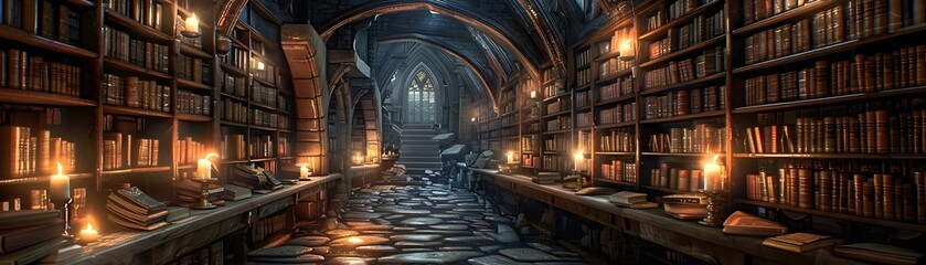 Enchanting Vault of Arcane Manuscripts Casting Spellbinding Illumination in a Gothic Cathedral Library - obrazy, fototapety, plakaty