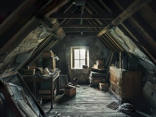 Fototapeta na wymiar A gloomy attic filled with old dusty relics