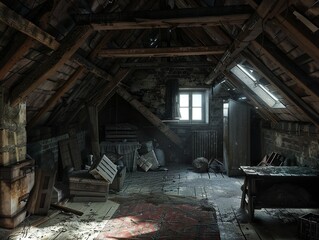 A gloomy attic filled with old dusty relics