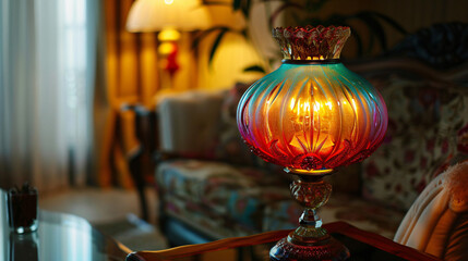 Fototapeta na wymiar A colorful lamp with a glass top on a table