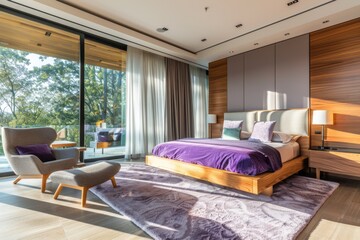 AI generated illustration of a bedroom with wooden walls and a purple bedspread on the floor - obrazy, fototapety, plakaty