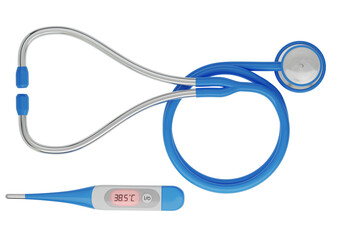 Termometro digitale e stetoscopio su sfondo trasparente, illustrazione 3d