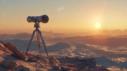 A telescope is on a tripod on a rocky hillside - obrazy, fototapety, plakaty