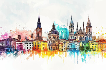 Fototapeta premium Collection of architectural landmarks around the world watercolor illustration