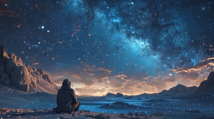 A person is sitting on a rock in front of a beautiful night sky - obrazy, fototapety, plakaty