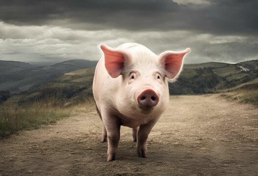 a pig is standing on the side of the road in front of a mountain