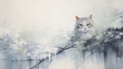 art work, portrait of a cat on a white background in light blue tones, background copy space, postcard impressionism