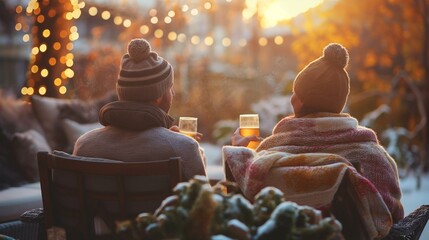 AI generated illustration of a couple in warm attire enjoying beer outdoors