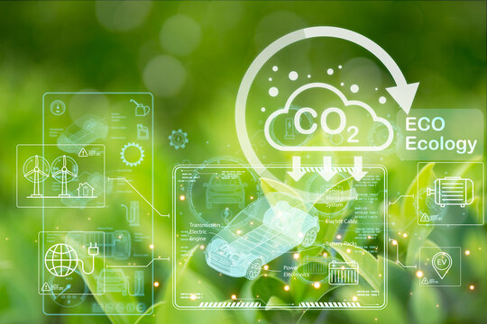 Concept of sustainability development by alternative energy, ESG, carbon natural, CO2 net zero.Double exposure graphic of business people over green renewable energy worker interface icon. 