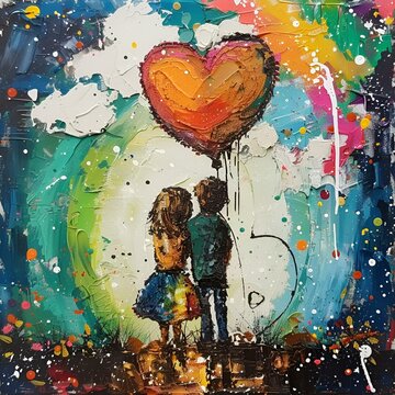 AI generated illustration of a painted scene of a young couple kissing with heart-shaped balloons