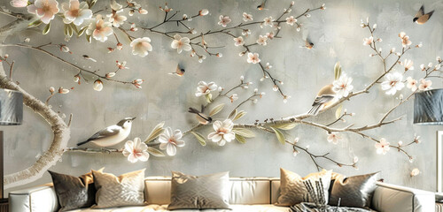 3d wallpaper design with english country style branches and flowers and birds for mural print - obrazy, fototapety, plakaty