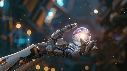 A robotic arm extending towards a glowing orb, representing the pursuit of technological advancement reaching towards the unknown. - obrazy, fototapety, plakaty