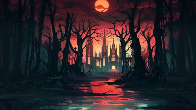 AI generated illustration of a spooky forest under a full moon