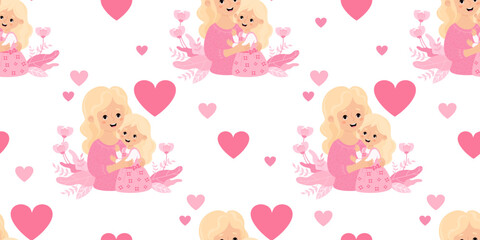 Seamless pattern with happy blonde woman mother with fair-haired daughter in pink on white background with hearts. Blonde Day holiday. Vector illustration 
