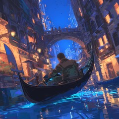 Tranquil Venice Night Scene with Traditional Gondolier Paddling through Waterways - obrazy, fototapety, plakaty