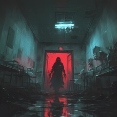 Gloomy Hospital Corridor with Blood-stained Floor and Mysterious Figure Walking Toward Disturbing Red Doorway.