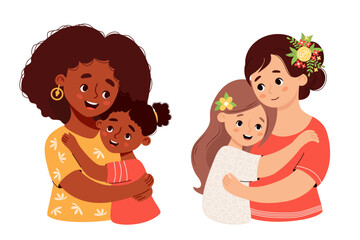 Cute mother and daughter. Happy family set. Beautiful light and dark-skinned woman tenderly hugging teenage girl. Vector illustration. Isolated female character