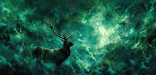 A regal stag stands proudly amidst a sea of emerald green, antlers reaching towards the sky as if challenging the heavens themselves.