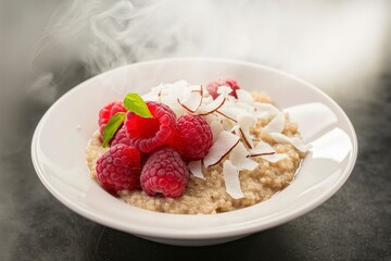 Quinoa porridge with raspberry and coconut flakes for breakfast