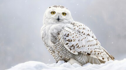 A regal snowy owl, its feathers soft and white as snow, its wise gaze fixed with serenity against a backdrop of immaculate white.