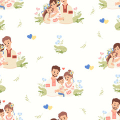 Cultural seamless pattern. Cute Ukrainian family. Dear mom, dad with son and daughter in traditional embroidered clothes on white background with flowers and yellow-blue hearts. Vector illustration