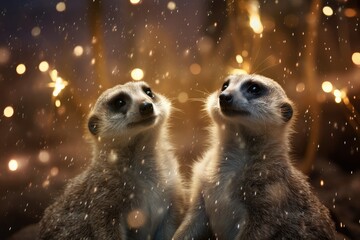 Meerkats standing on hind legs with a backdrop of shimmering lights. - obrazy, fototapety, plakaty