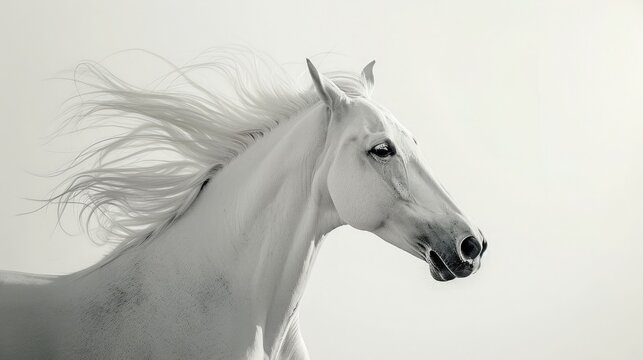 A regal  horse, mane flowing in the wind, against a backdrop of pristine white, epitomizing grace and elegance.