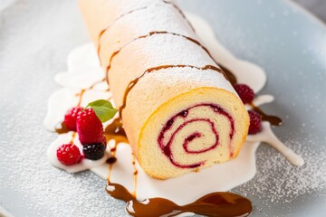 Vanilla roll sponge cake with berry filling and coffee