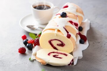 Vanilla roll sponge cake with berry filling and coffee