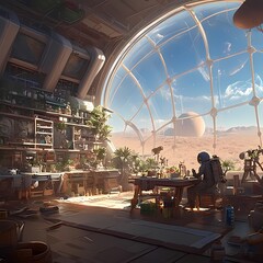 An astronaut's workspace on Mars - an office in a futuristic habitat, overlooking the planet.