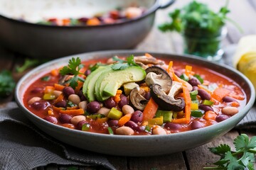 Vegan chili with beans, mushrooms, and vegetables