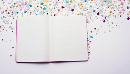 White notebook on a white background with scattered multicolored glitter stars. Place for text