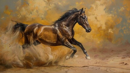 A regal  horse, mane billowing in the wind, hooves kicking up clouds of dust against a backdrop of golden desert sands.