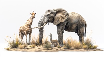 A giraffe and a baby elephant are standing in a field