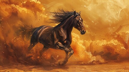 A regal  horse, mane billowing in the wind, hooves kicking up clouds of dust against a backdrop of golden desert sands. - obrazy, fototapety, plakaty