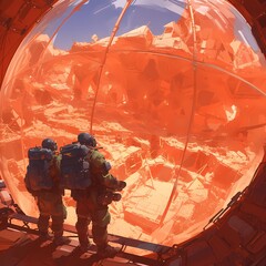 Exploring Mars: Astronauts in a Vast Red Colony Dome - obrazy, fototapety, plakaty