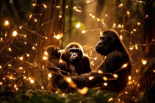 Gorillas enjoying a playful session in a forest filled with firefly lights.