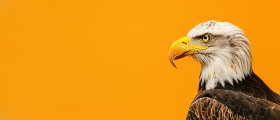 An elegant shot of a bald eagle facing forward with a bold orange backdrop, exhibiting the bird's watchful eyes and beak