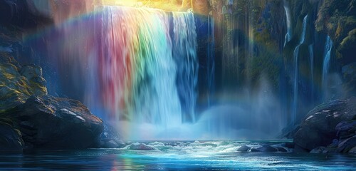 A rainbow bridge rising above a waterfall, casting prismatic hues onto the rushing waters below. - obrazy, fototapety, plakaty