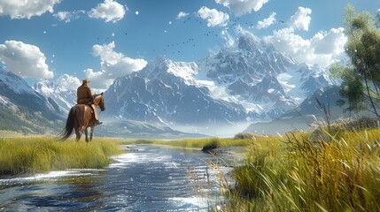 A man is riding a horse across a grassy field with a river running through it - obrazy, fototapety, plakaty