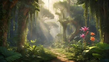 An exquisite, sun-dappled jungle straight out of a fairy tale. Tropical rain forest enchanted. Digital artwork