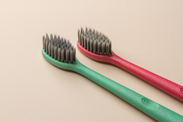 Oral hygiene concept. Colored toothbrushes