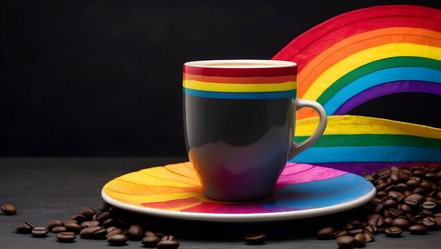 Coffee cup with a rainbow design and a happy rainbow flag set on a black background with copy space. LGBT idea. artificial intelligence digital art