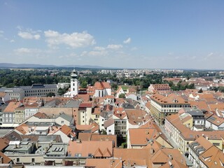 Fototapeta na wymiar Aerial view of the Ceske Budejovice cityscape with a blue sky in the background, Czech republic