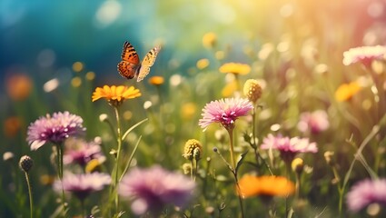 Gorgeous meadow in spring with a background of wild flowers and butterflies in the sun. luminous bokeh on a fuzzy background. Close-up horizontally with room for - obrazy, fototapety, plakaty